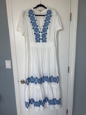 Boden White Maxi Dress with Blue Floral Embroidery